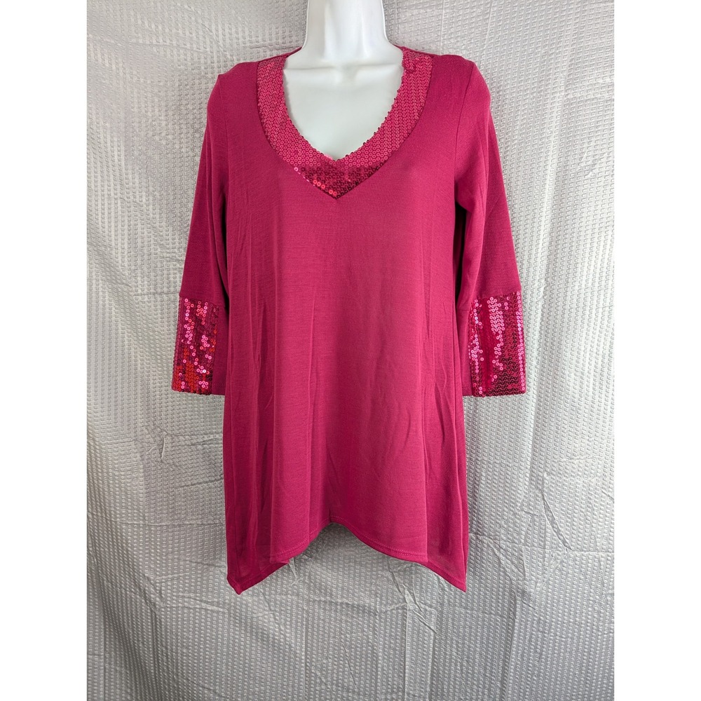 Slinky Brand Womens XS Magenta Pink Sequin V-Neck Tunicβ Top 3/4 Sleeve USA